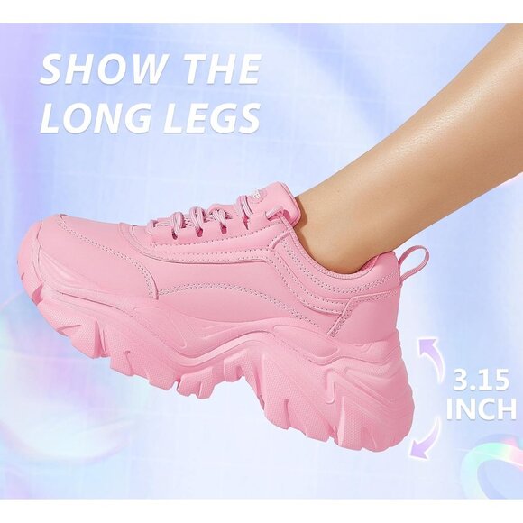 Brand New Women Pink Rubber LUCKY STEP Chunky Platform Dad Walking Sneaker - Picture 4 of 9